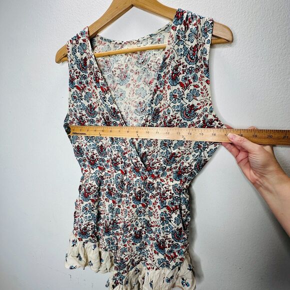 Billabong Cream Dusty Blue & Red Faux Wrap Deep-V Ruffle Hem Sleeveless Romper M - Picture 14 of 16